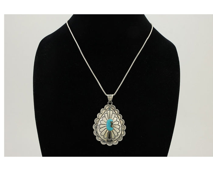 Navajo Necklace Pendant 925 Silver Morenci Turquoise Signed P C.80's