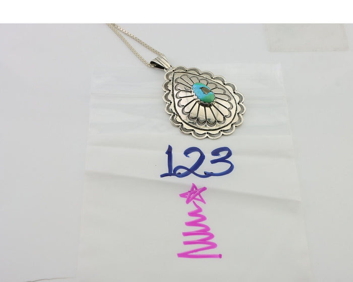Navajo Necklace Pendant 925 Silver Morenci Turquoise Signed P C.80's
