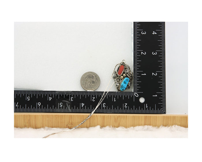 Navajo Necklace Sterling Silver Turquoise & Coral Authentic Vintage Handmade