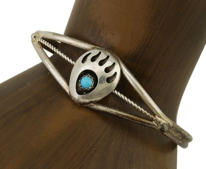 Navajo Paw Bracelet 925 Silver Blue Turquoise Native American Artist C.80's