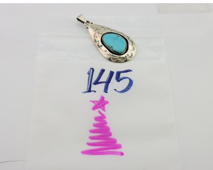 Navajo Pendant 925 Silver Blue Turquoise Artist Signed MC C.80's