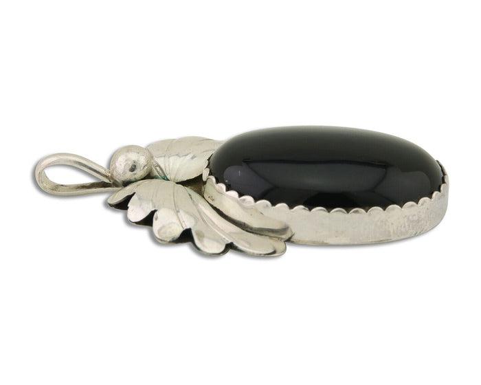 Navajo Pendant 925 Silver Onyx Native Artist Signed NS C.80's