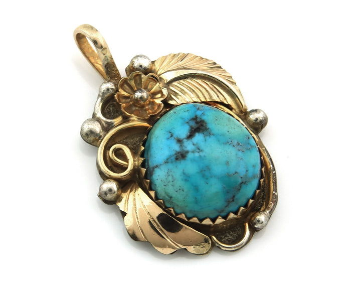 Navajo Pendant Sterling Silver & Gold Natural Blue Turquoise Authentic Native