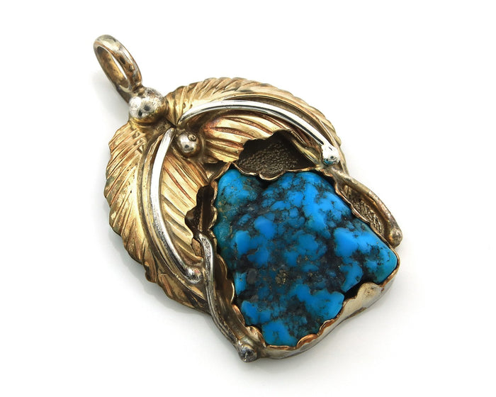 Navajo Pendant Sterling Silver & Gold Natural Blue Turquoise Authentic Native