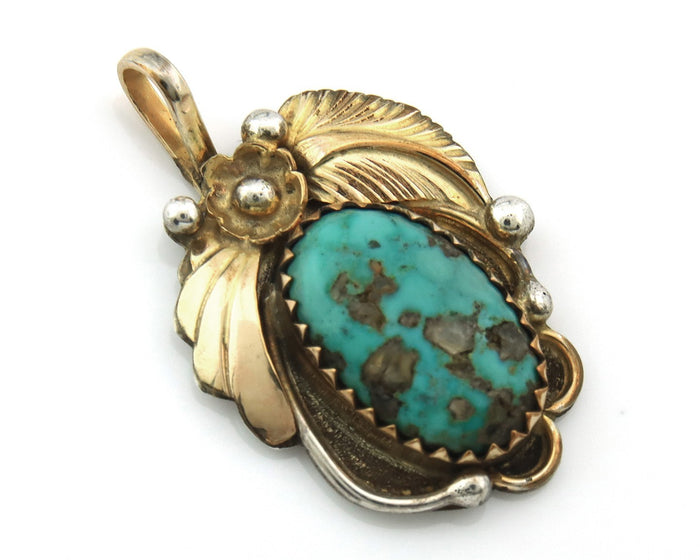 Navajo Pendant Sterling Silver & Gold Natural Blue Turquoise Authentic Native