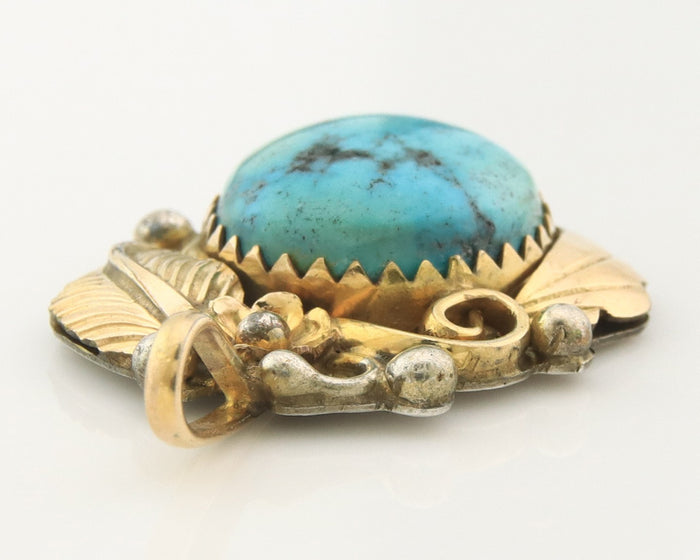 Navajo Pendant Sterling Silver & Gold Natural Blue Turquoise Authentic Native