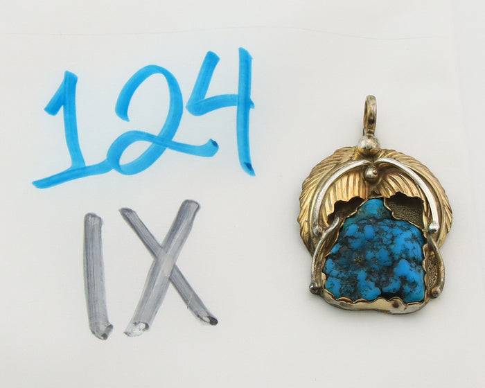 Navajo Pendant Sterling Silver & Gold Natural Blue Turquoise Authentic Native