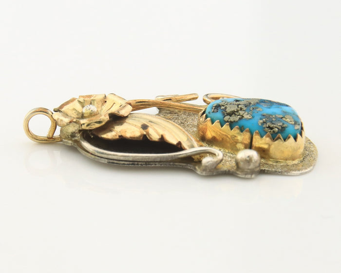 Navajo Pendant Sterling Silver & Gold Natural Blue Turquoise Signed L & H Keeto