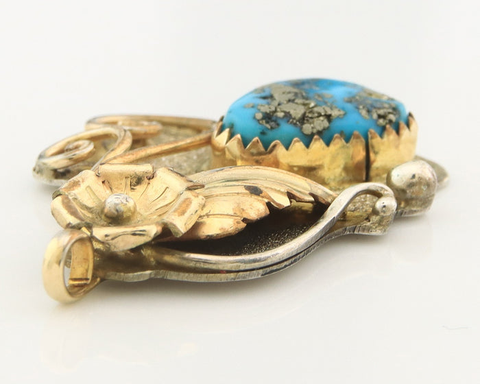 Navajo Pendant Sterling Silver & Gold Natural Blue Turquoise Signed L & H Keeto
