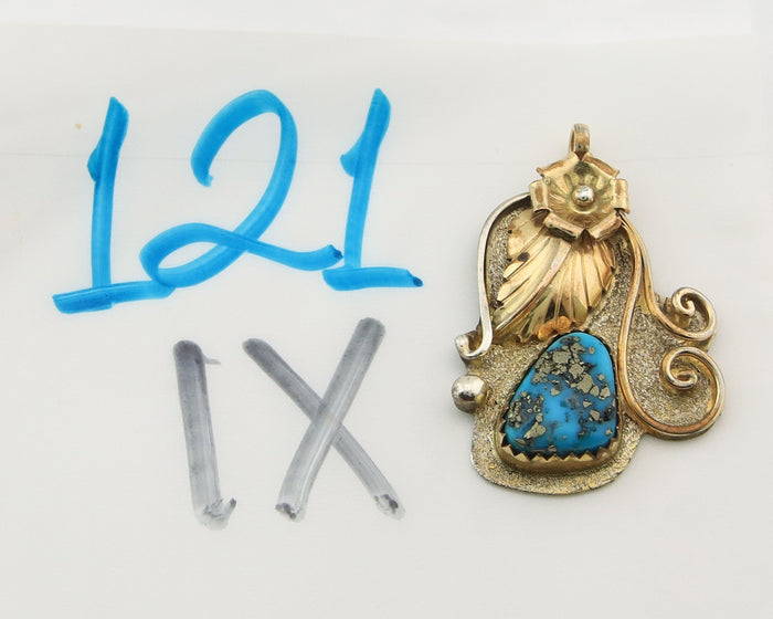 Navajo Pendant Sterling Silver & Gold Natural Blue Turquoise Signed L & H Keeto