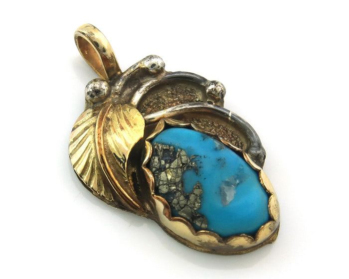 Navajo Pendant Sterling Silver & Gold Natural Blue Turquoise Signed Virginia C
