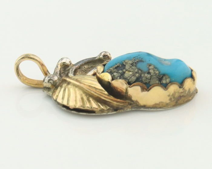 Navajo Pendant Sterling Silver & Gold Natural Blue Turquoise Signed Virginia C