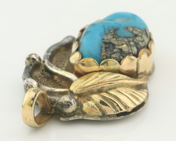 Navajo Pendant Sterling Silver & Gold Natural Blue Turquoise Signed Virginia C