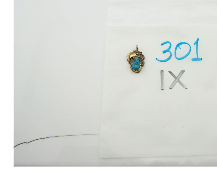 Navajo Pendant Sterling Silver & Gold Natural Blue Turquoise Signed Virginia C
