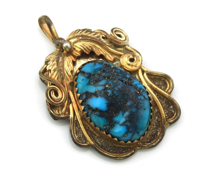 Navajo Pendant Sterling Silver & Gold Natural Blue Turquoise Signed Virgnina C