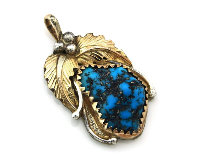 Navajo Pendant Sterling Silver & Gold Natural Blue Turquoise Signed Virgnina C