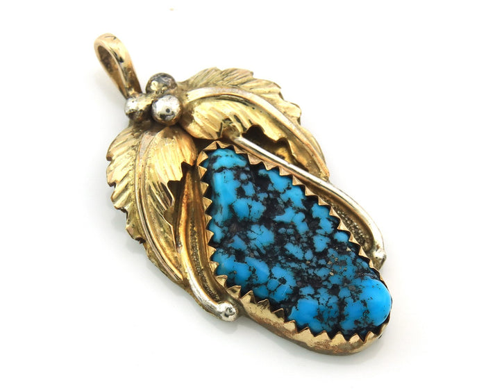 Navajo Pendant Sterling Silver & Gold Natural Blue Turquoise signed Virgnina C