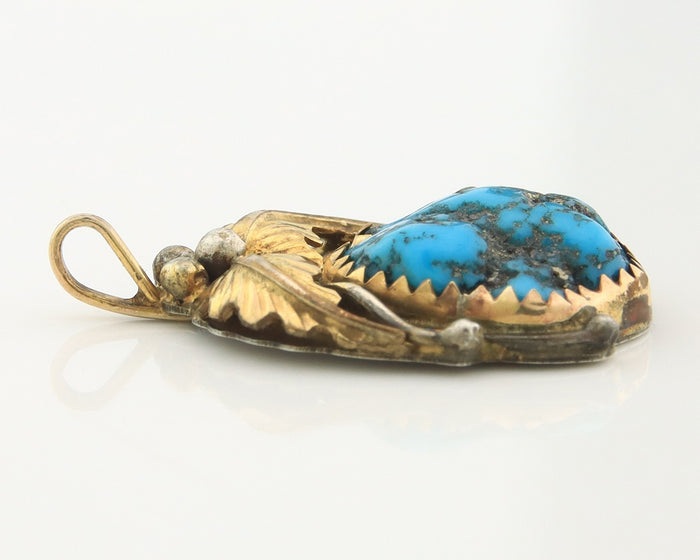 Navajo Pendant Sterling Silver & Gold Natural Blue Turquoise signed Virgnina C