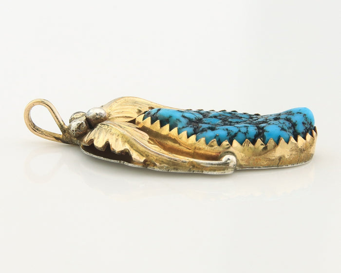 Navajo Pendant Sterling Silver & Gold Natural Blue Turquoise signed Virgnina C