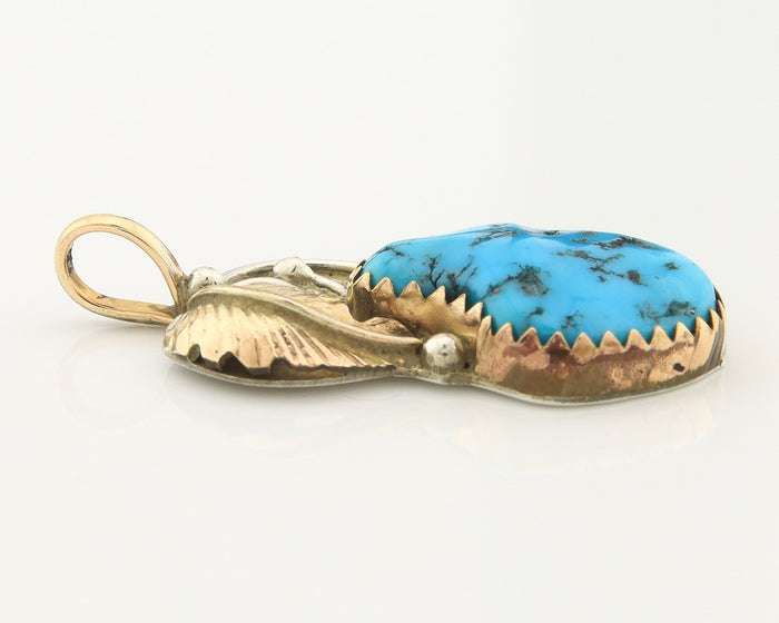 Navajo Pendant Sterling Silver & Gold Natural Blue Turquoise Signed Virgnina C