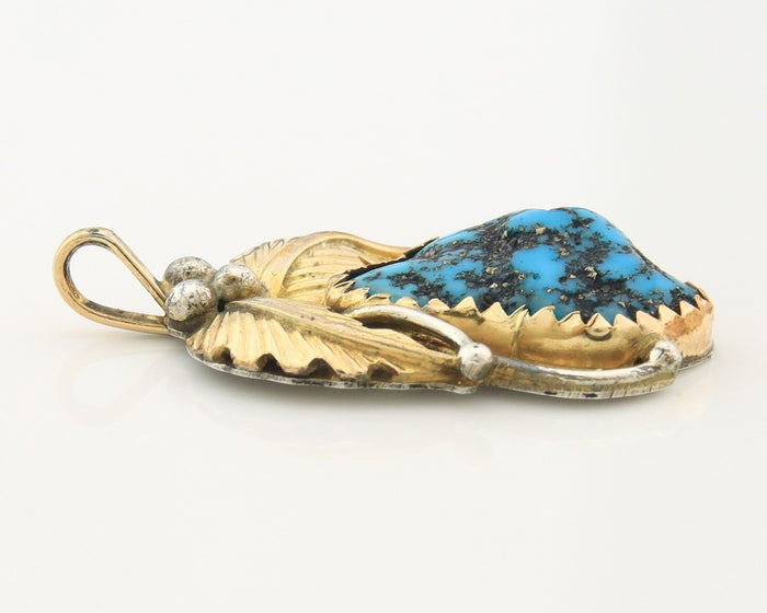 Navajo Pendant Sterling Silver & Gold Natural Blue Turquoise Signed Virgnina C