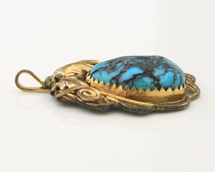 Navajo Pendant Sterling Silver & Gold Natural Blue Turquoise Signed Virgnina C