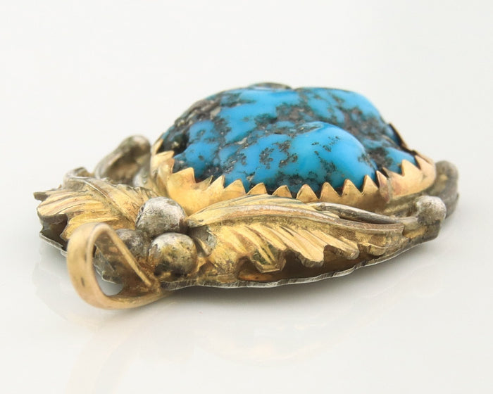 Navajo Pendant Sterling Silver & Gold Natural Blue Turquoise signed Virgnina C