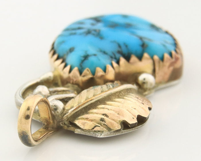 Navajo Pendant Sterling Silver & Gold Natural Blue Turquoise Signed Virgnina C