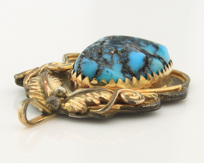Navajo Pendant Sterling Silver & Gold Natural Blue Turquoise Signed Virgnina C