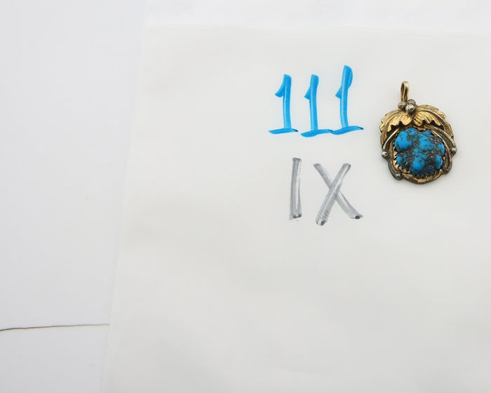 Navajo Pendant Sterling Silver & Gold Natural Blue Turquoise signed Virgnina C