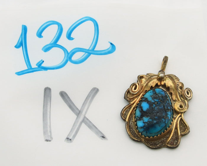 Navajo Pendant Sterling Silver & Gold Natural Blue Turquoise Signed Virgnina C