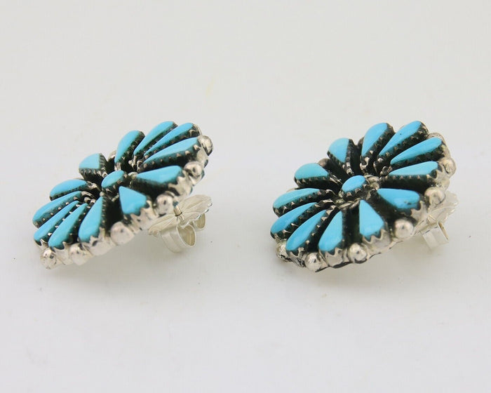 Navajo Petit Point Earrings 925 Silver Turquoise Signed Benson Yazzie C.80's