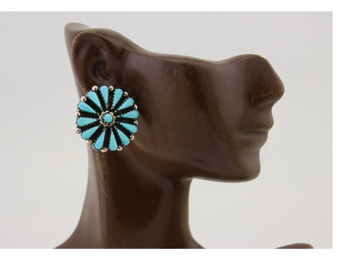 Navajo Petit Point Earrings 925 Silver Turquoise Signed Benson Yazzie C.80's