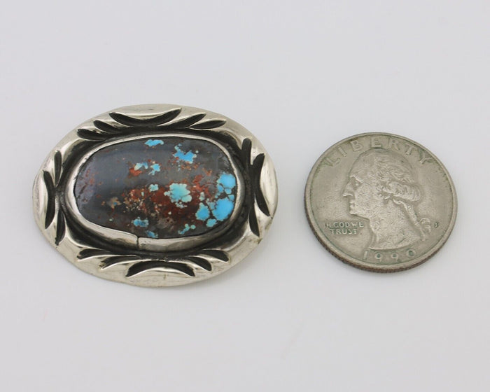Navajo Pin 925 Silver Natural Blue Turquoise Signed C Raincloud C.80's