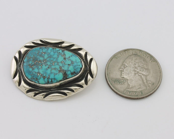 Navajo Pin 925 Silver Natural Spiderweb Turquoise Signed C Raincloud C.80's