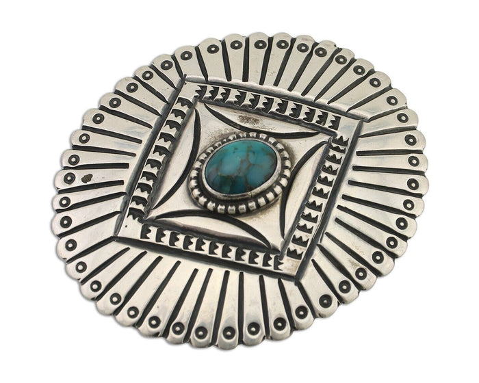 Navajo Pin 925 Silver Natural Turquoise Hand Stamped Native Artist C.80's