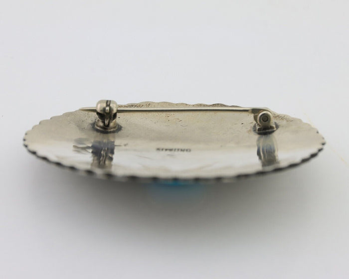 Navajo Pin 925 Silver Natural Turquoise Hand Stamped Native Artist C.80s