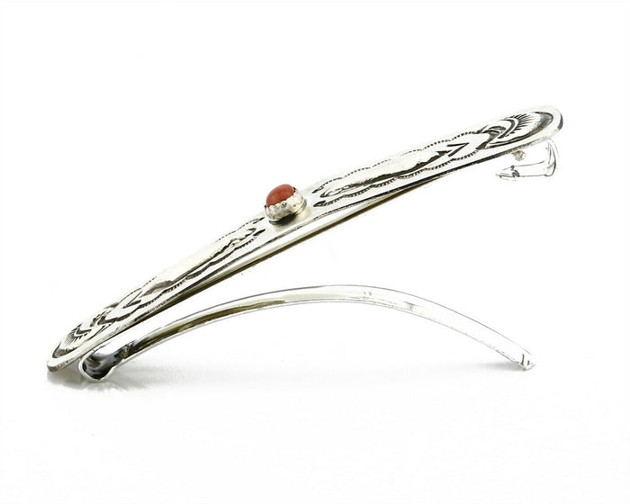 Navajo Real Red Coral 925 SOLID SILVER Hand Stamped 12mm Wide Barrette Hair Clip
