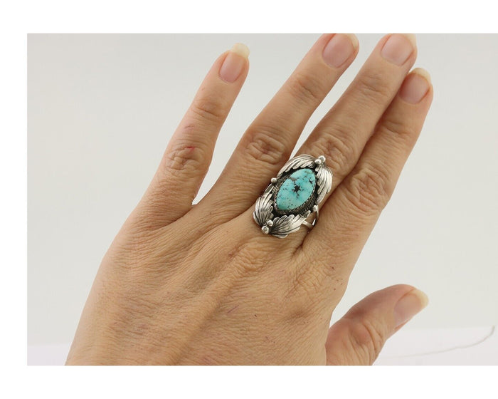 Navajo Ring 925 Silver Beautiful Blue Turquoise Stone Signed GR C.80's