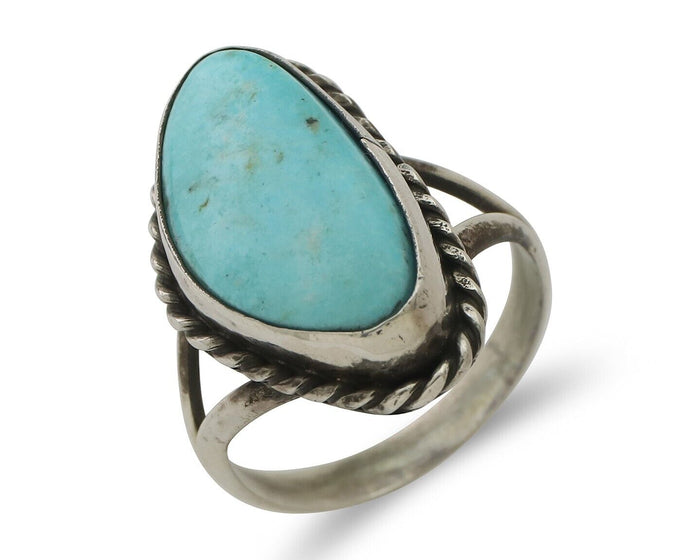 Navajo Ring 925 Silver Blue Gem Turquoise Artist Signed Rabbit Stick C.80's