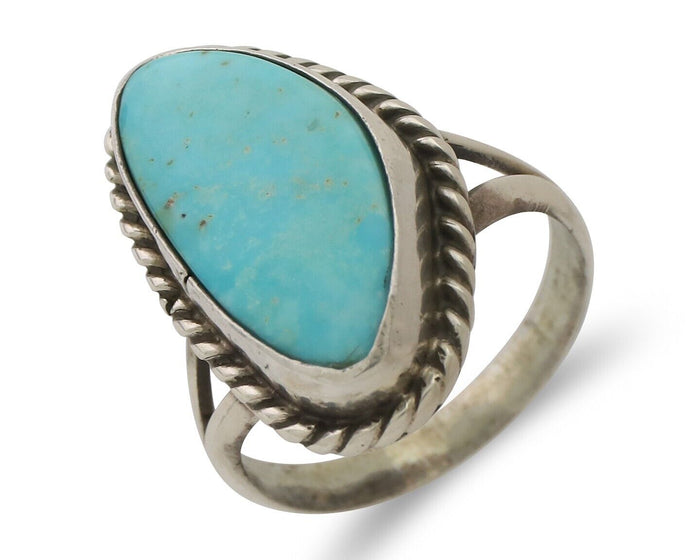Navajo Ring 925 Silver Blue Gem Turquoise Artist Signed Rabbit Stick C.80's