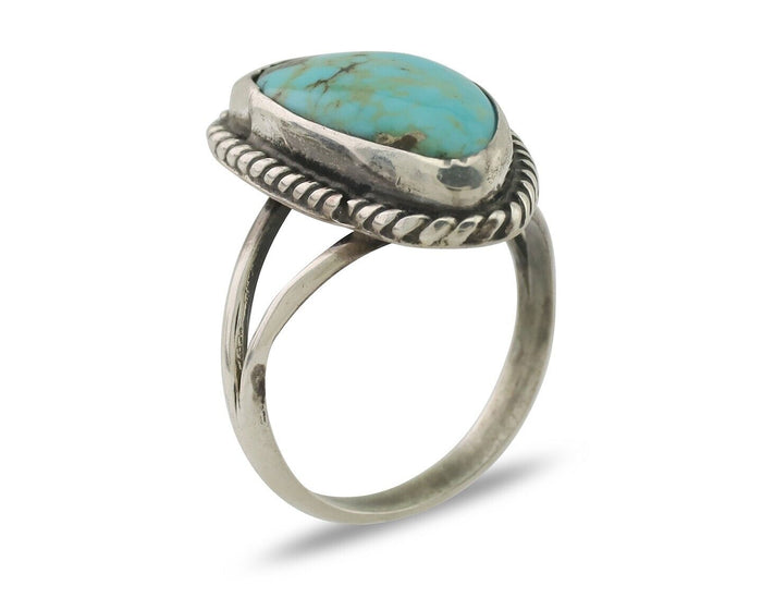 Navajo Ring 925 Silver Blue Gem Turquoise Artist Signed Rabbit Stick C.80's