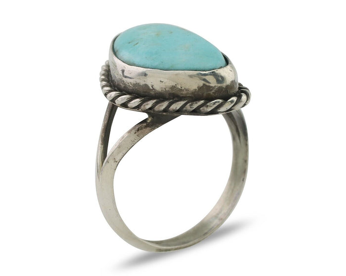 Navajo Ring 925 Silver Blue Gem Turquoise Artist Signed Rabbit Stick C.80's