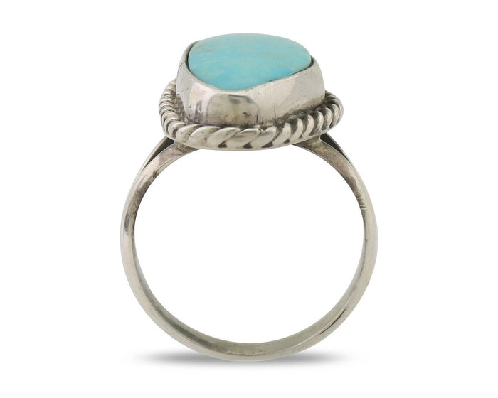 Navajo Ring 925 Silver Blue Gem Turquoise Artist Signed Rabbit Stick C.80's