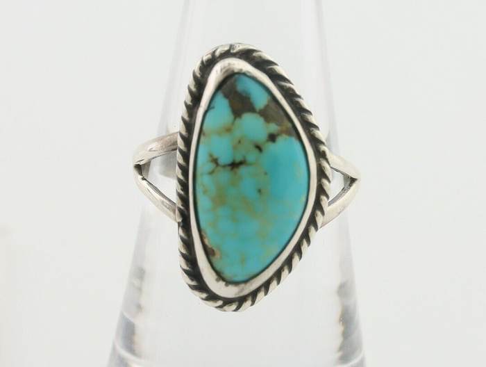Navajo Ring 925 Silver Blue Gem Turquoise Artist Signed Rabbit Stick C.80's