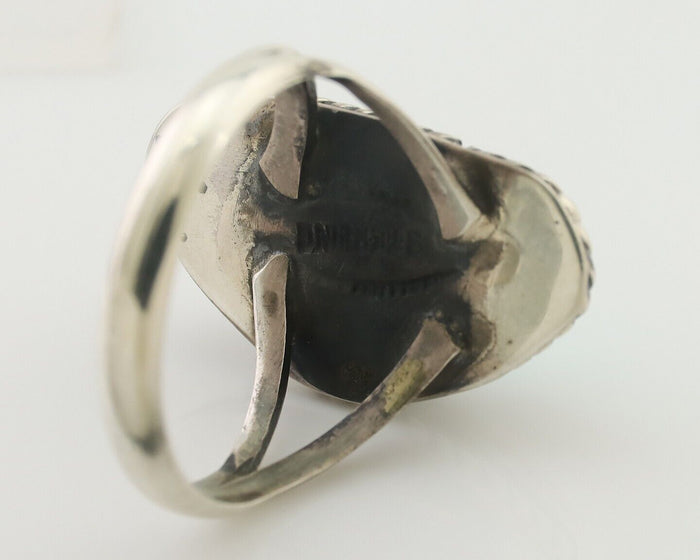 Navajo Ring 925 Silver Blue Gem Turquoise Artist Signed Rabbit Stick C.80's