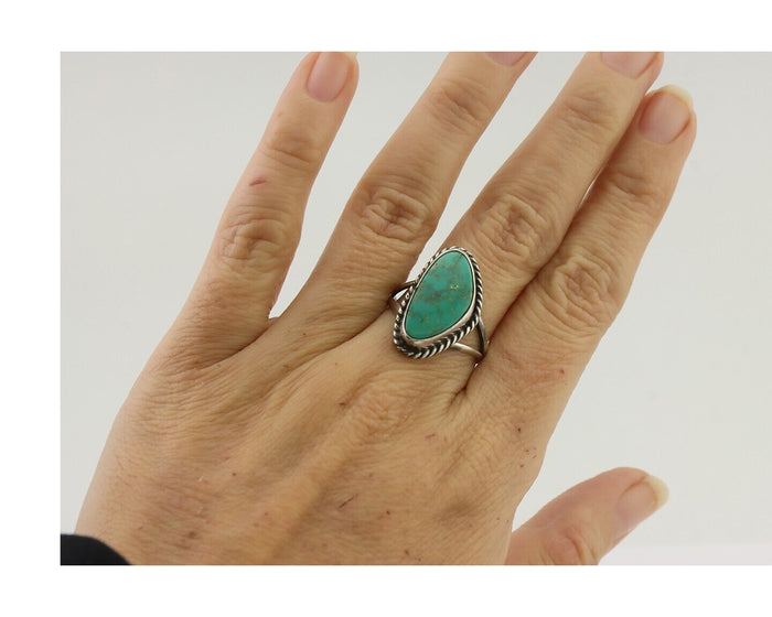 Navajo Ring 925 Silver Blue Gem Turquoise Artist Signed Rabbit Stick C.80's