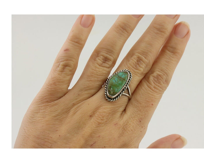 Navajo Ring 925 Silver Blue Gem Turquoise Artist Signed Rabbit Stick C.80's