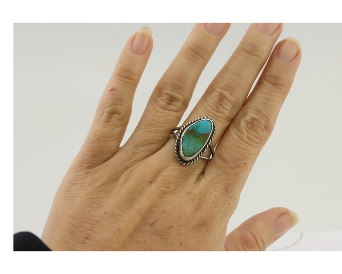 Navajo Ring 925 Silver Blue Gem Turquoise Artist Signed Rabbit Stick C.80's