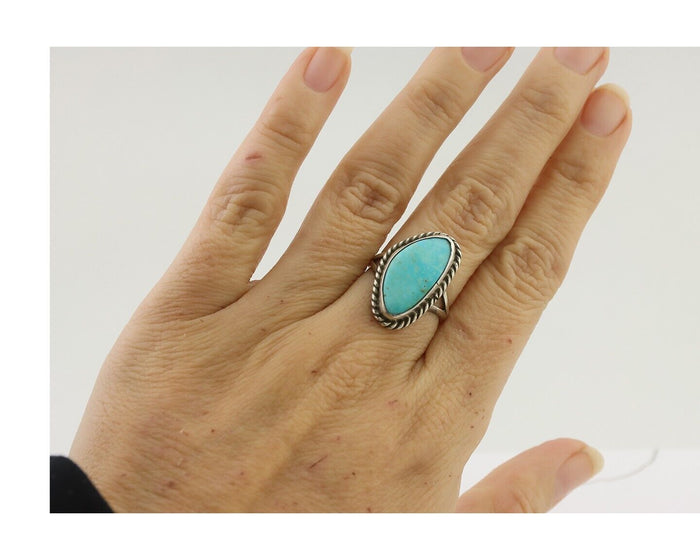 Navajo Ring 925 Silver Blue Gem Turquoise Artist Signed Rabbit Stick C.80's